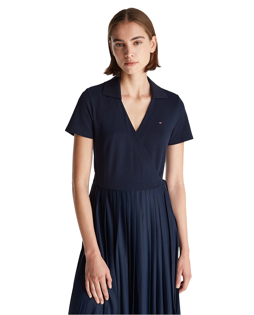Vestido Midi Cruzado com Manga Curta Azul-3