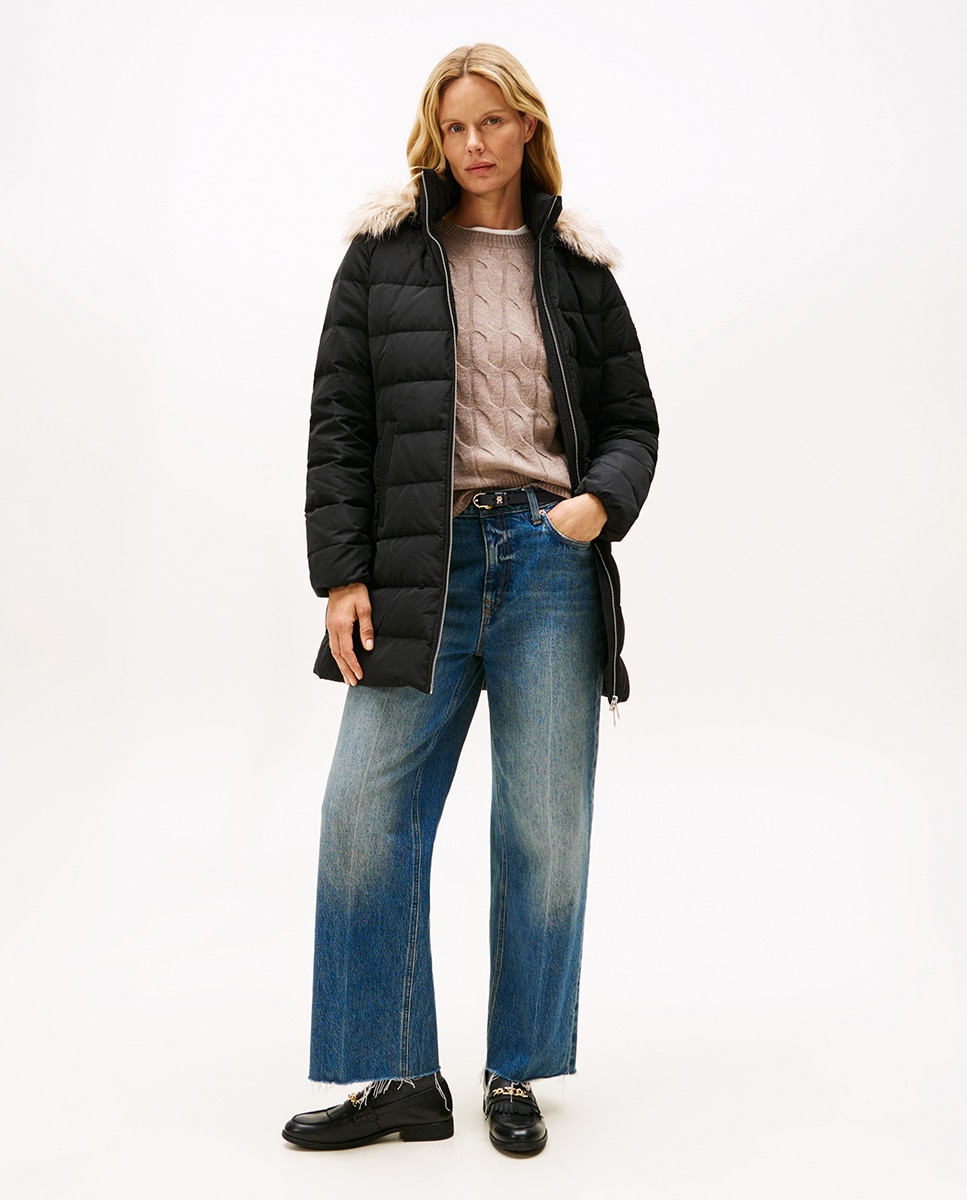 Blusão Acolchoado Comprido com Capuz e Pelo Preto-1