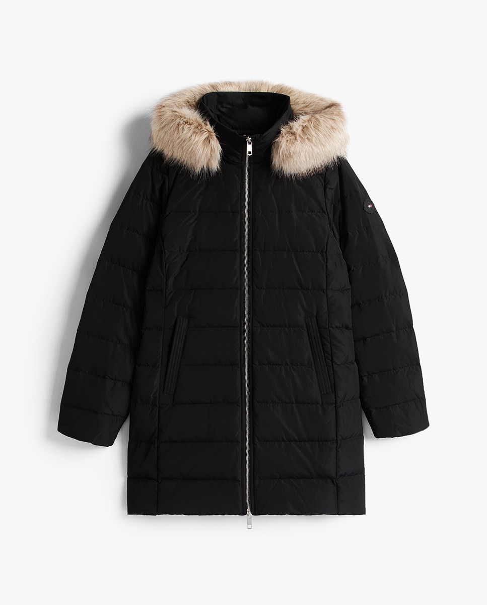 Blusão Acolchoado Comprido com Capuz e Pelo Preto-5