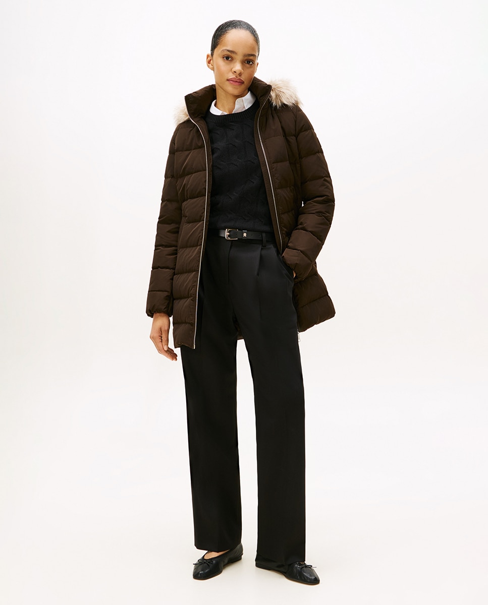 Blusão Acolchoado Comprido com Capuz e Pelo Castanho-escuro-1