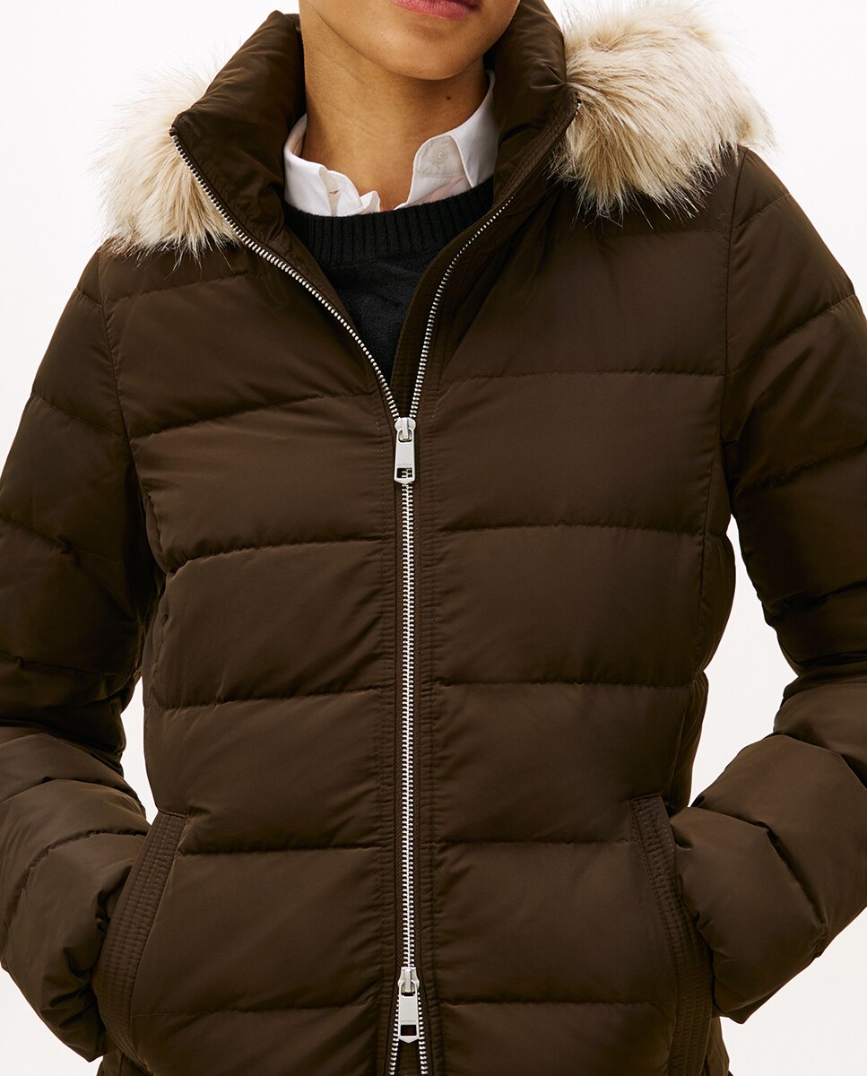 Blusão Acolchoado Comprido com Capuz e Pelo Castanho-escuro-3