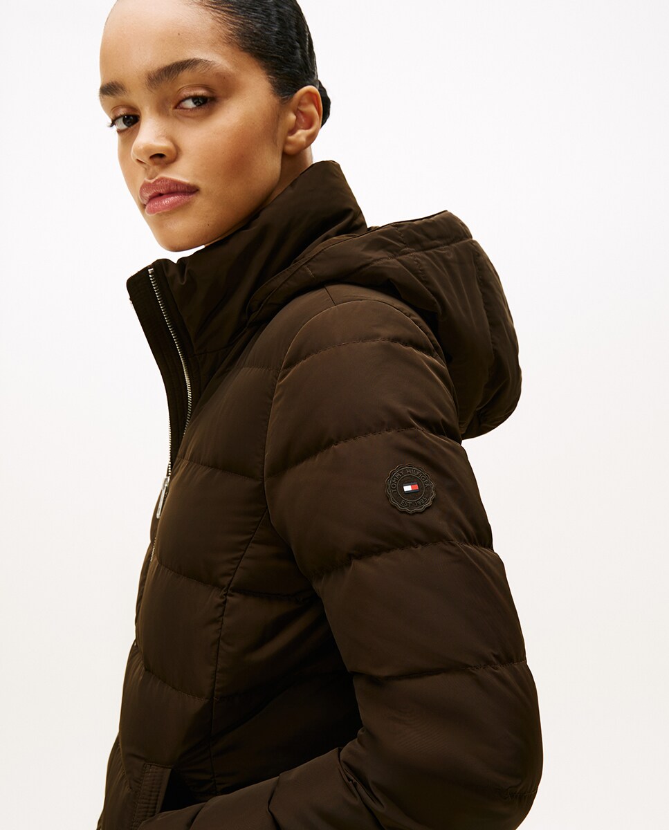 Plumífero largo acolchado de mujer con capucha y pelo 36 Marrón oscuro