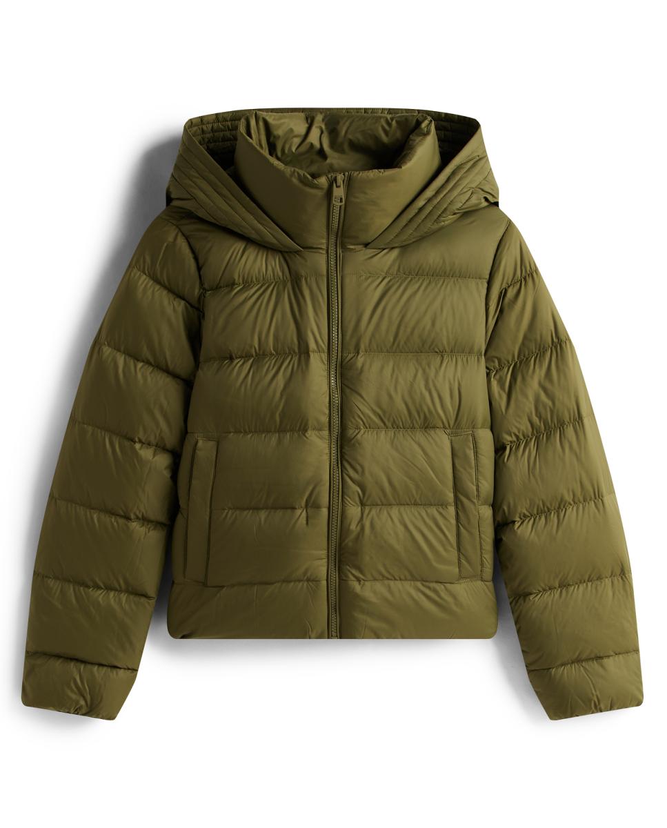 Blusão acolchoado leve de mulher com capuz Verde-militar-5