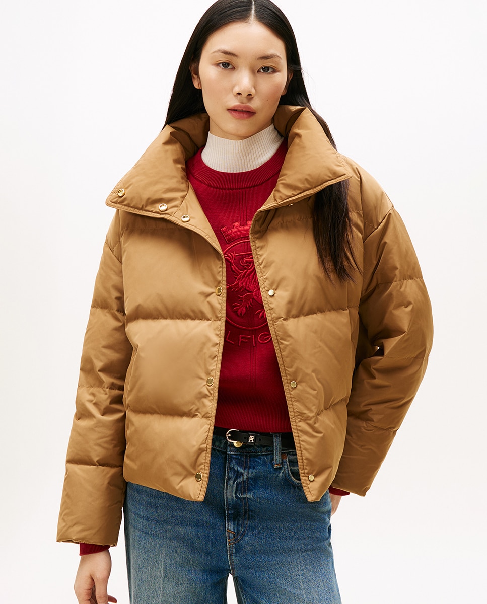 Blusão acolchoado curto de mulher com gola alta Camel-1