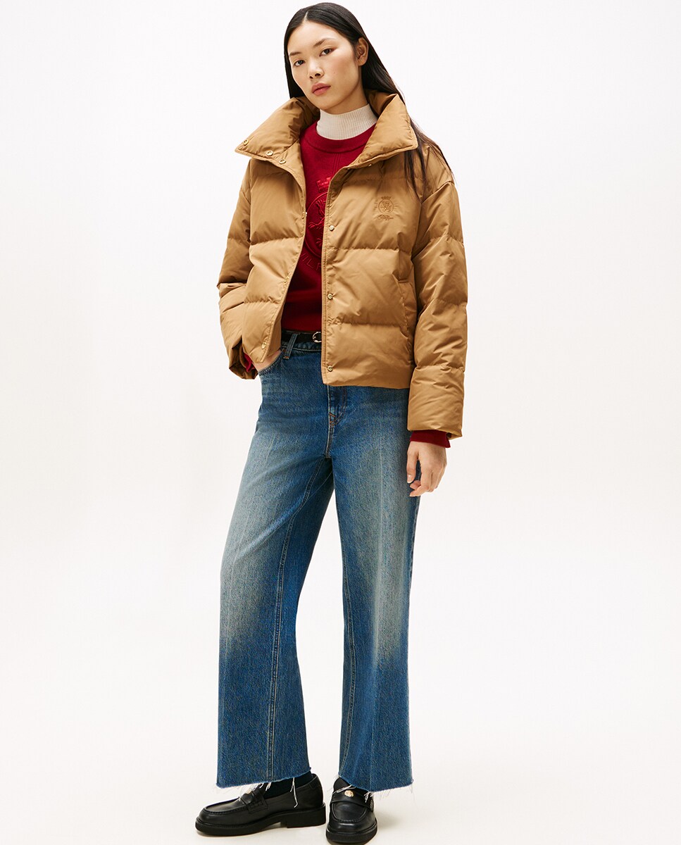 Blusão acolchoado curto de mulher com gola alta Camel-5