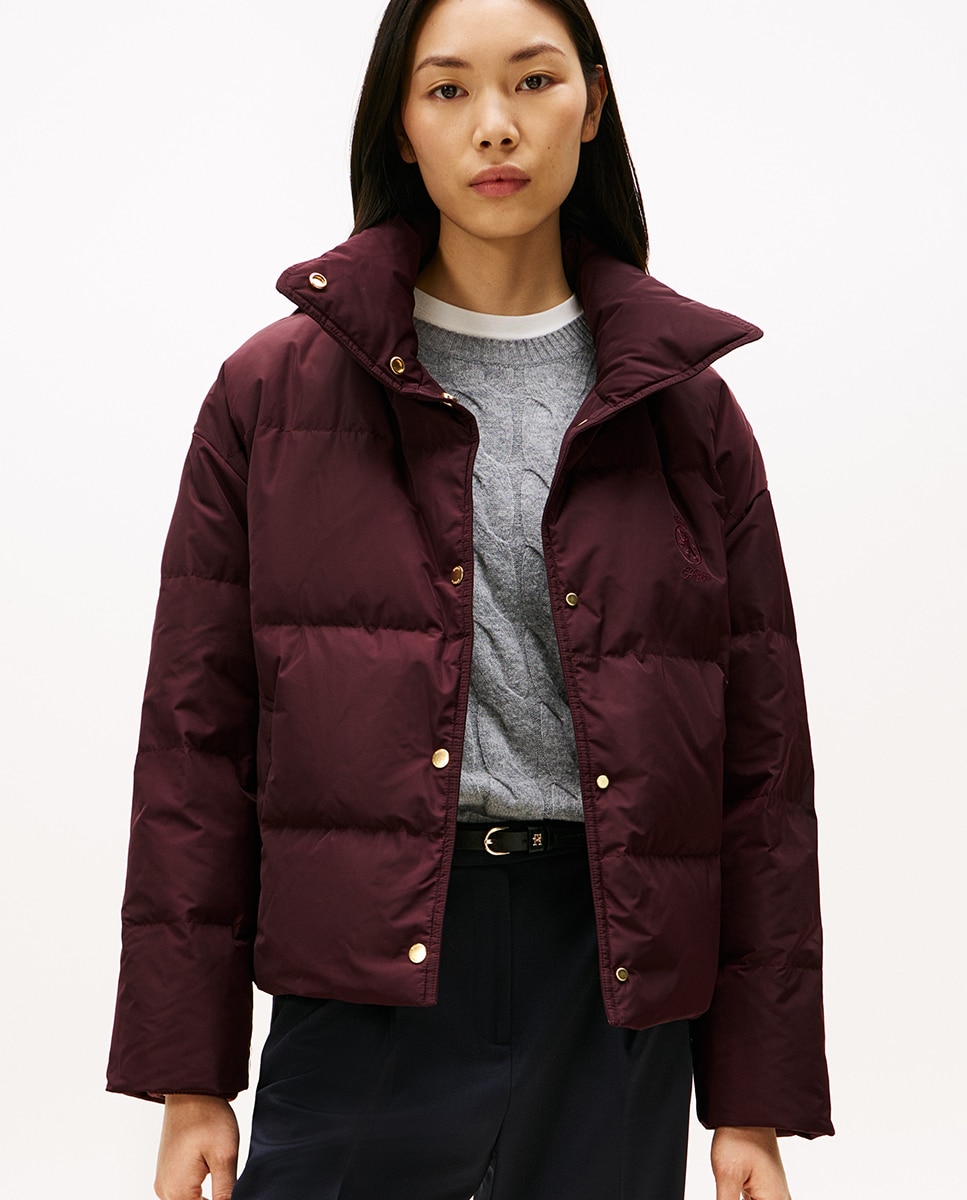 Blusão acolchoado curto de mulher com gola alta Bordeaux-3