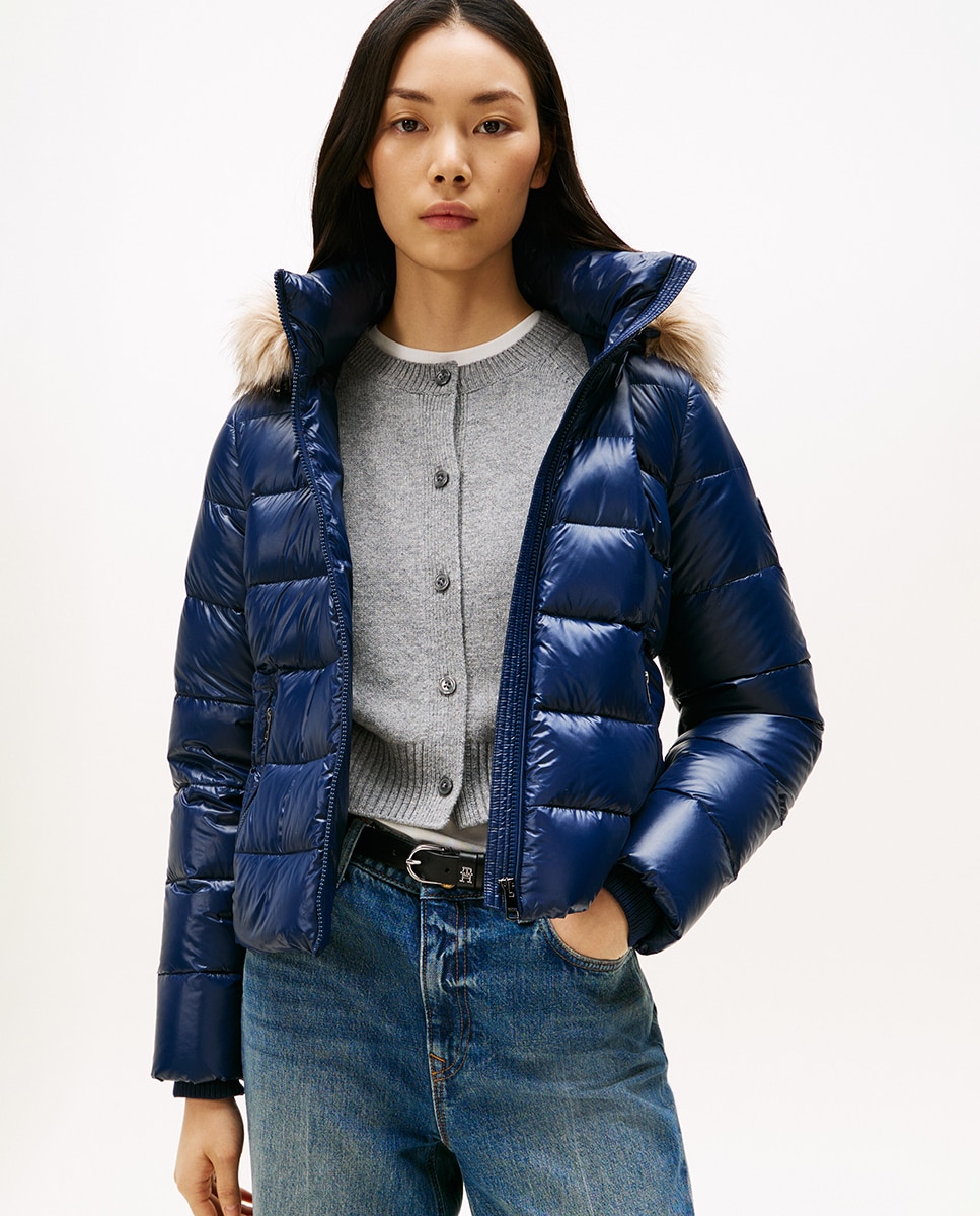 Blusão acolchoado curto com capuz e pêlo Azul-marinho-1