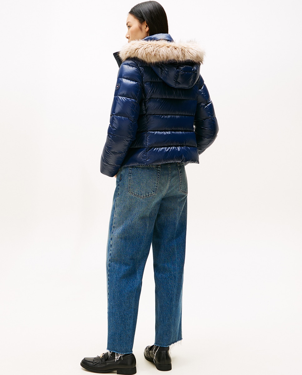 Blusão acolchoado curto com capuz e pêlo Azul-marinho-2