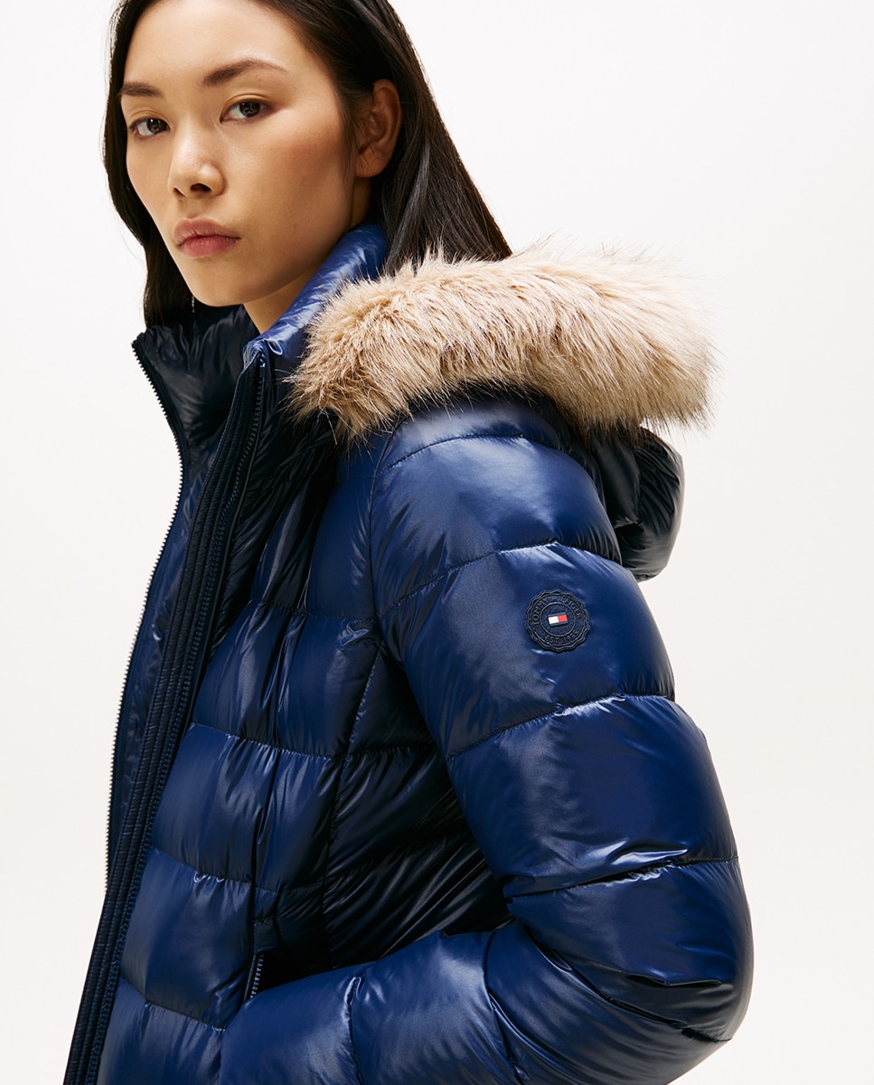 Blusão acolchoado curto com capuz e pêlo Azul-marinho-3