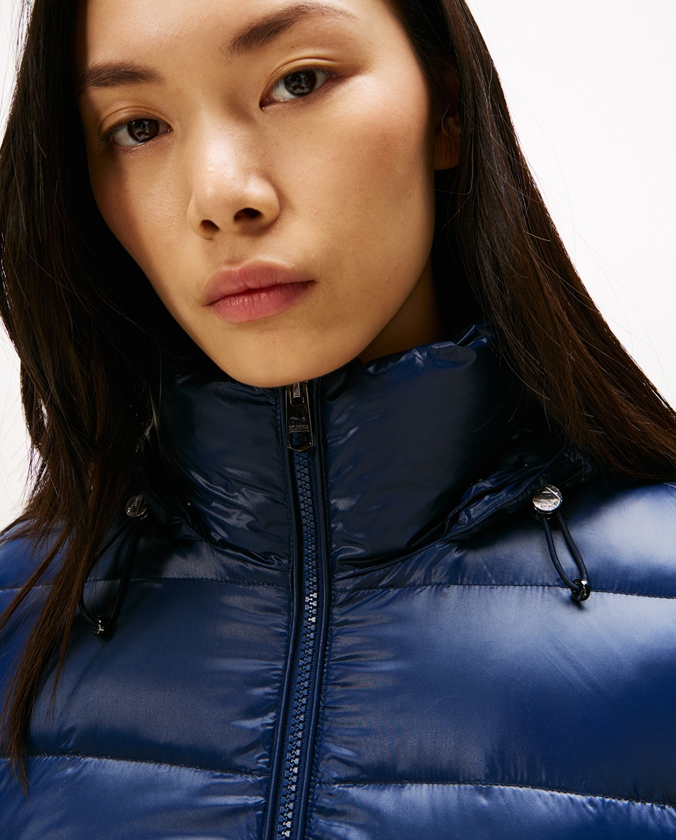 Blusão acolchoado curto com capuz e pêlo Azul-marinho-4