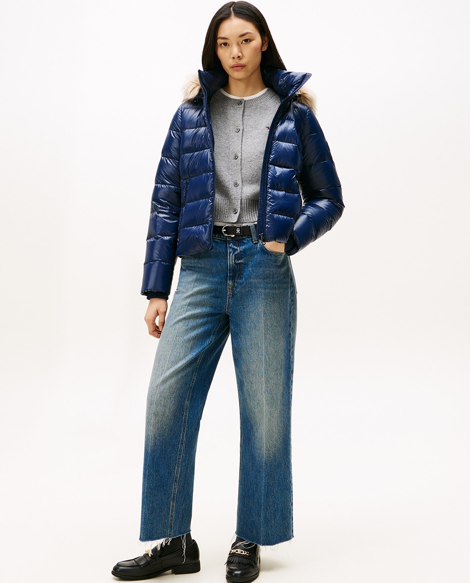 Blusão acolchoado curto com capuz e pêlo Azul-marinho-6