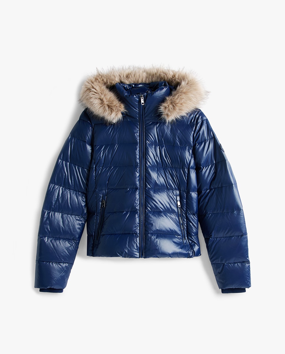 Blusão acolchoado curto com capuz e pêlo Azul-marinho-5