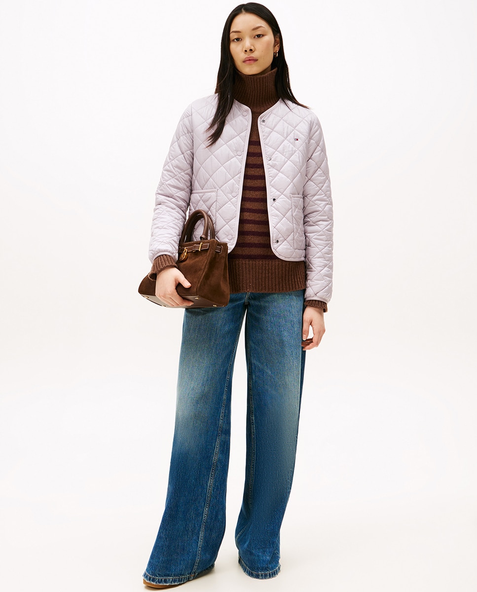 Blusão Acolchoado aos Losangos com Decote Redondo Lilás-5