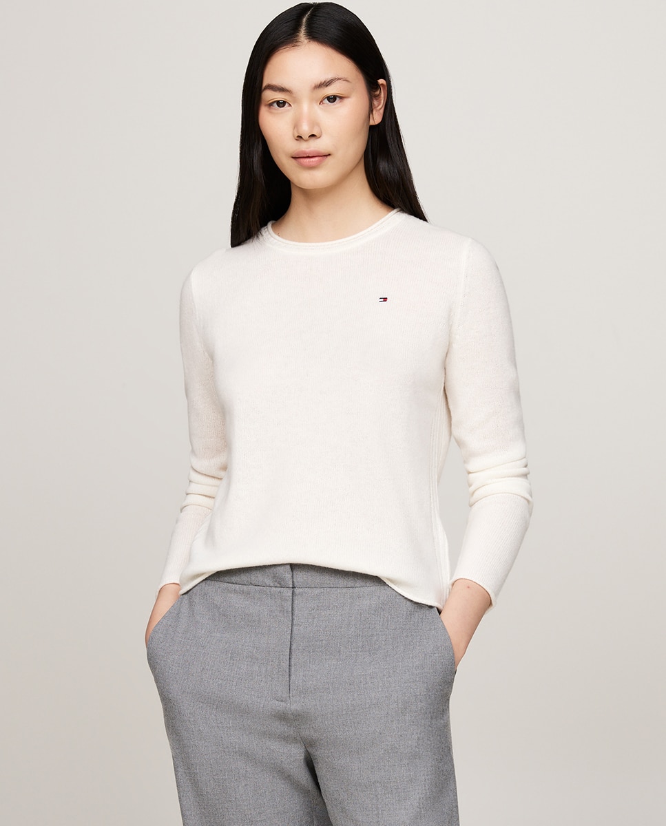 Camisola de malha de mulher com decote redondo e manga comprida Branco-1