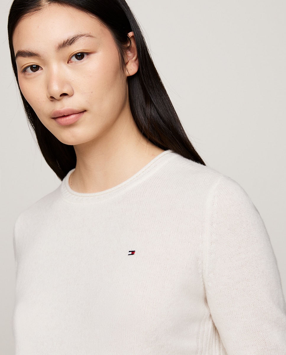 Camisola de malha de mulher com decote redondo e manga comprida Branco-3