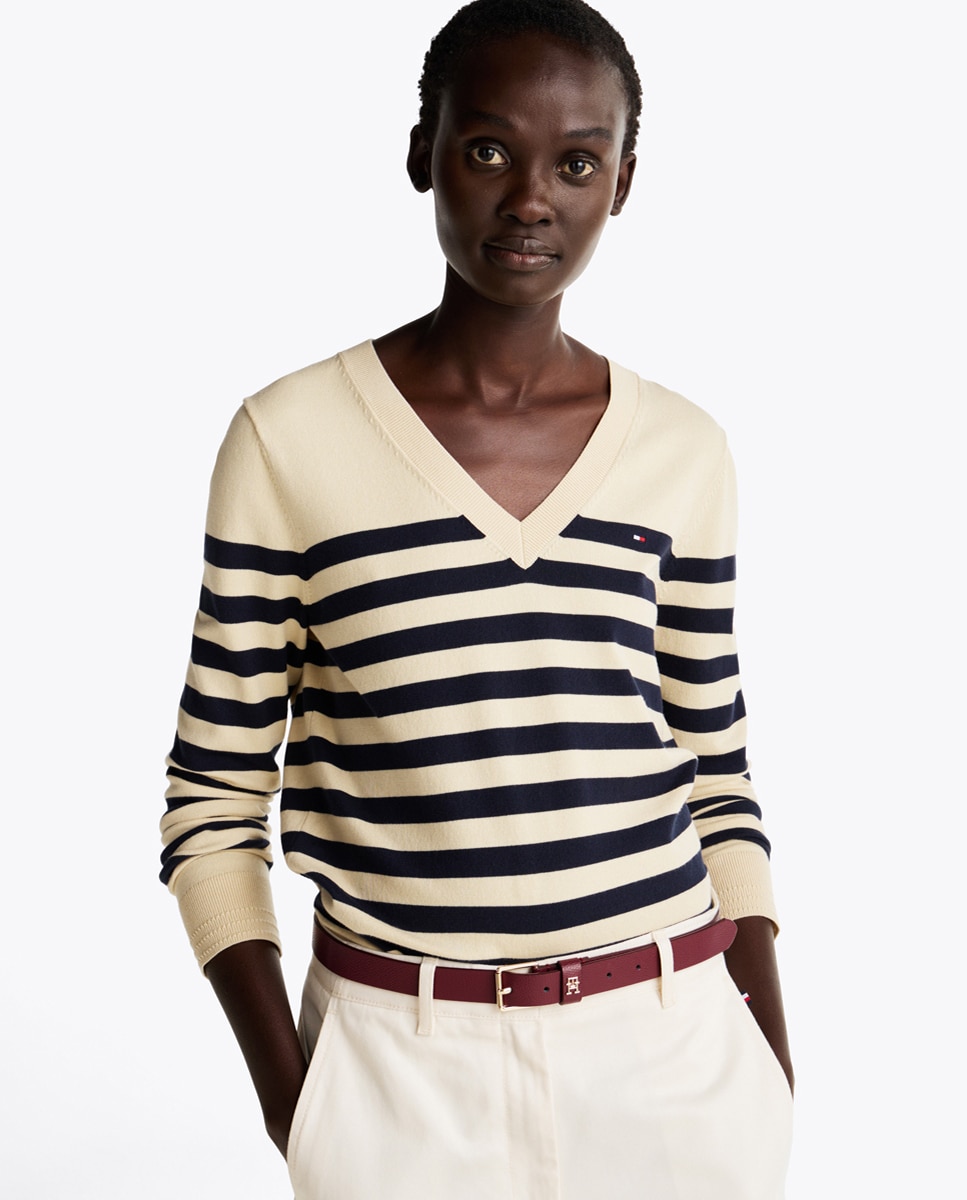 Camisola de Malha com Decote em Bico e Estampado Bege-1