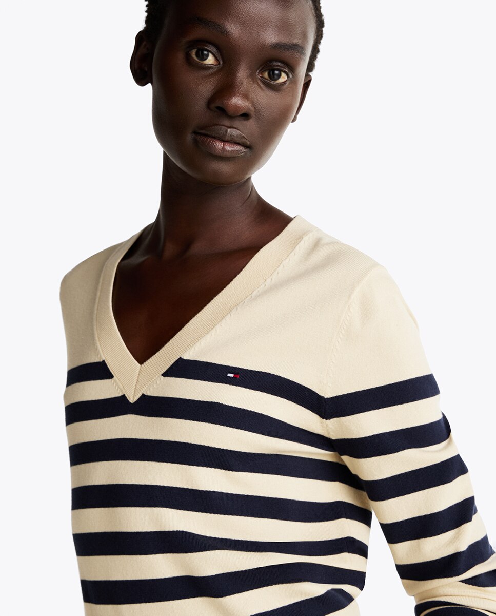 Camisola de Malha com Decote em Bico e Estampado Bege-3