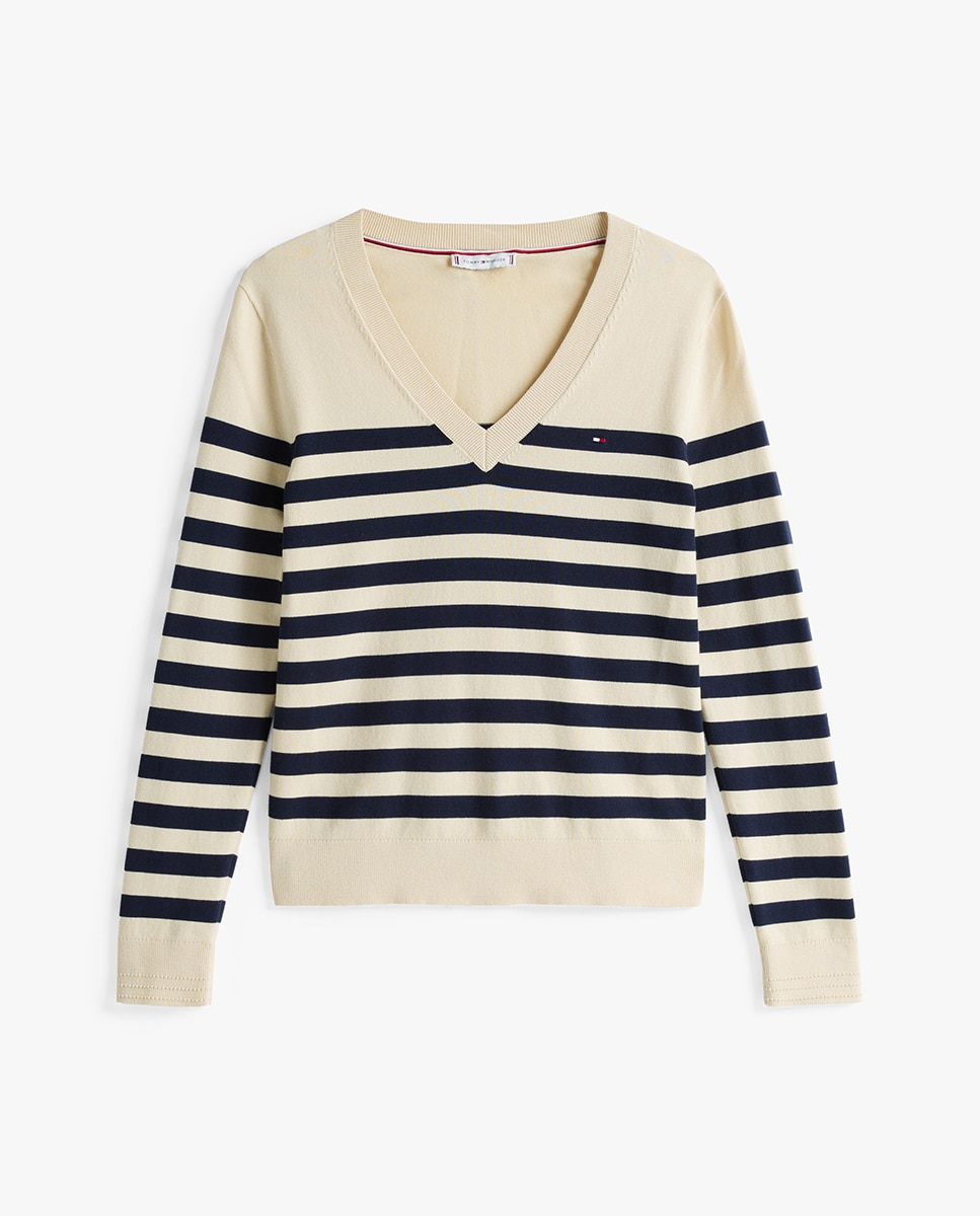 Camisola de Malha com Decote em Bico e Estampado Bege-4