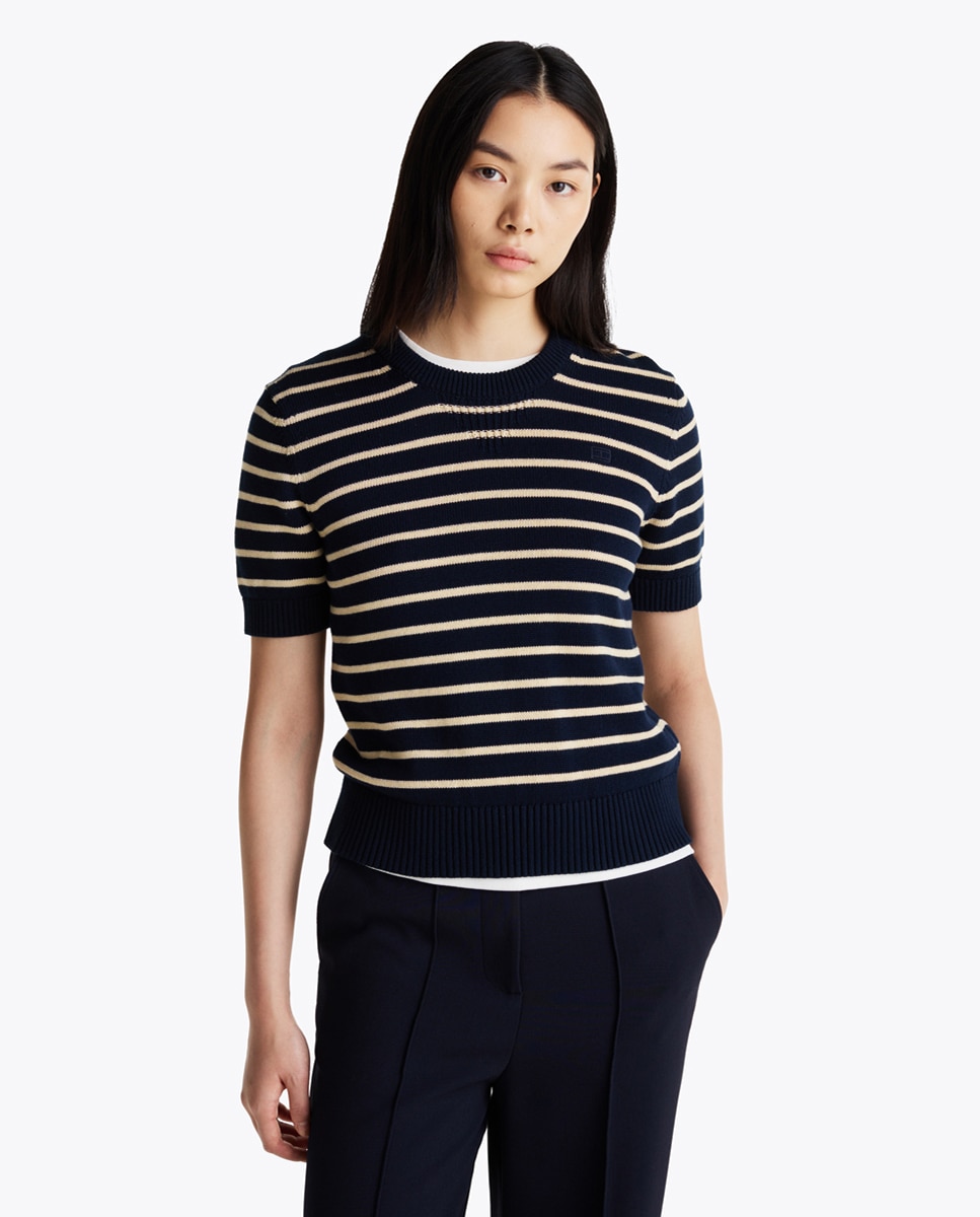 Camisola de malha estampada de mulher com manga curta Azul-marinho-1