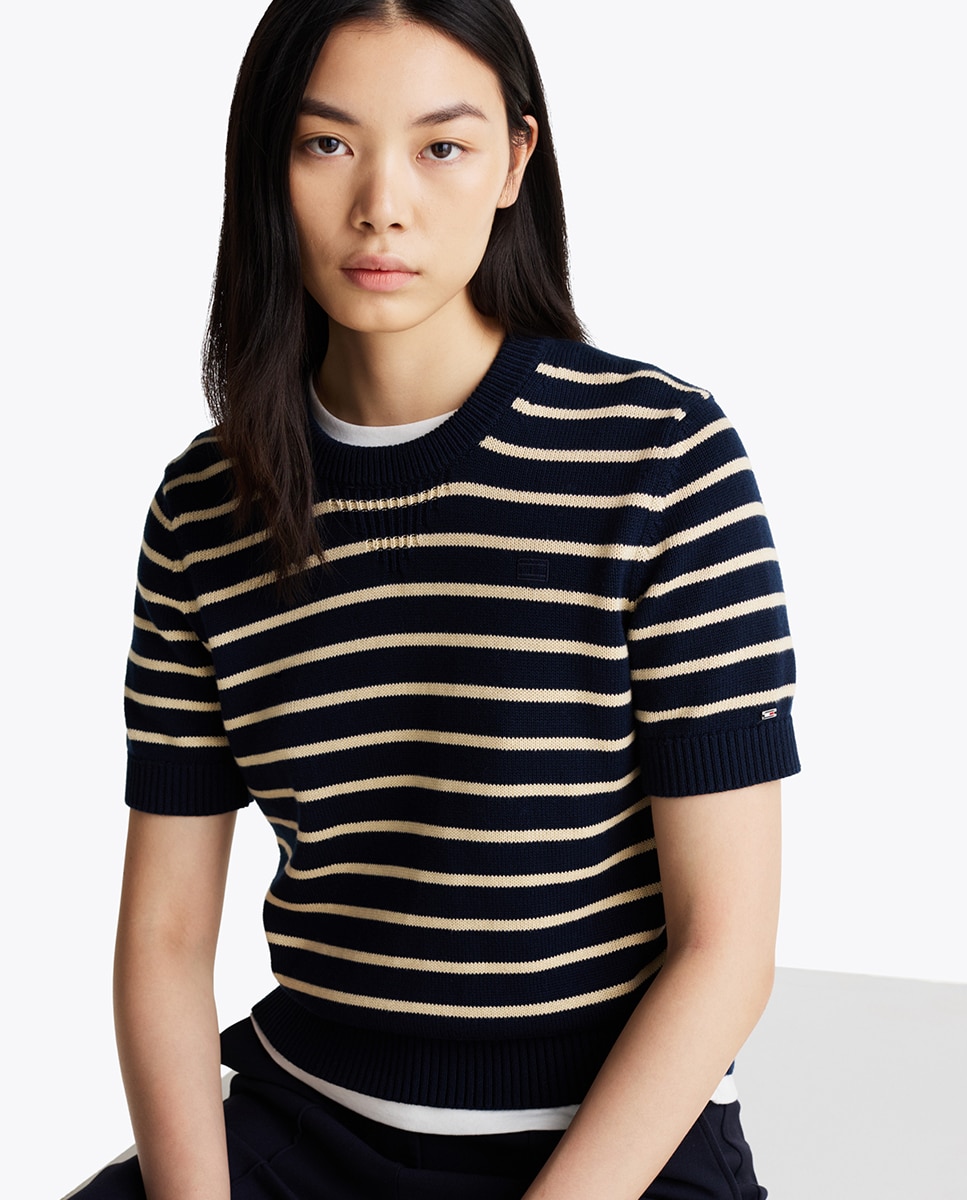 Camisola de malha estampada de mulher com manga curta Azul-marinho-3
