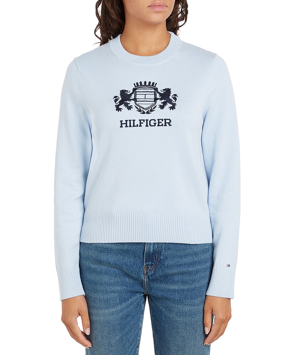 Camisola de Malha com Decote Redondo e Logótipo Bordado à Frente Azul-claro-1