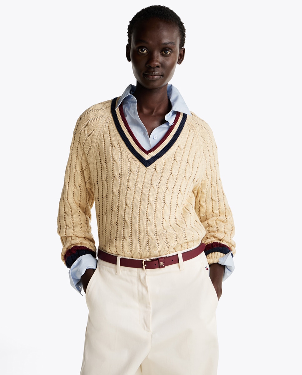 Camisola de Malha do Cabo com Decote em Bico Bege-1