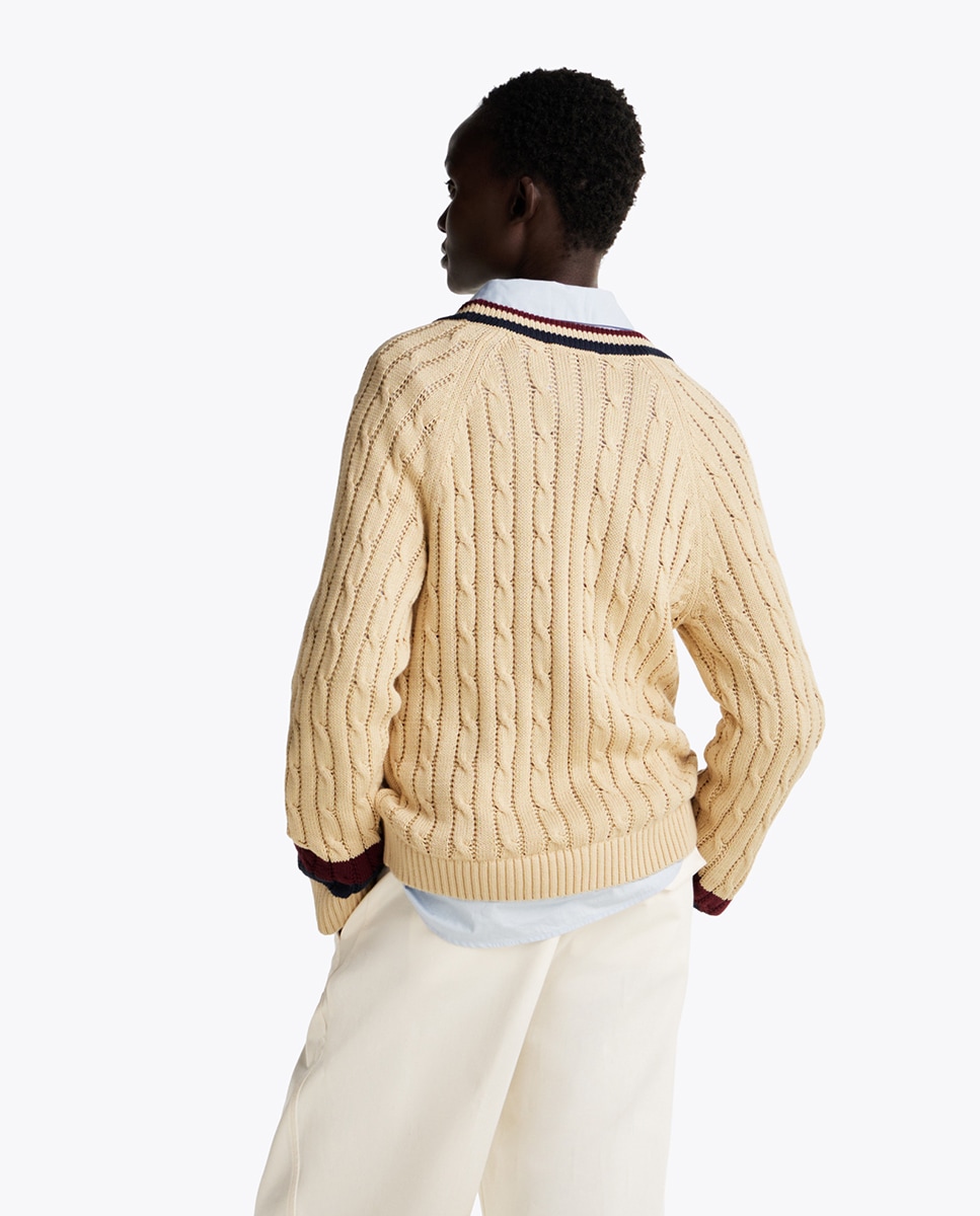 Camisola de Malha do Cabo com Decote em Bico Bege-2