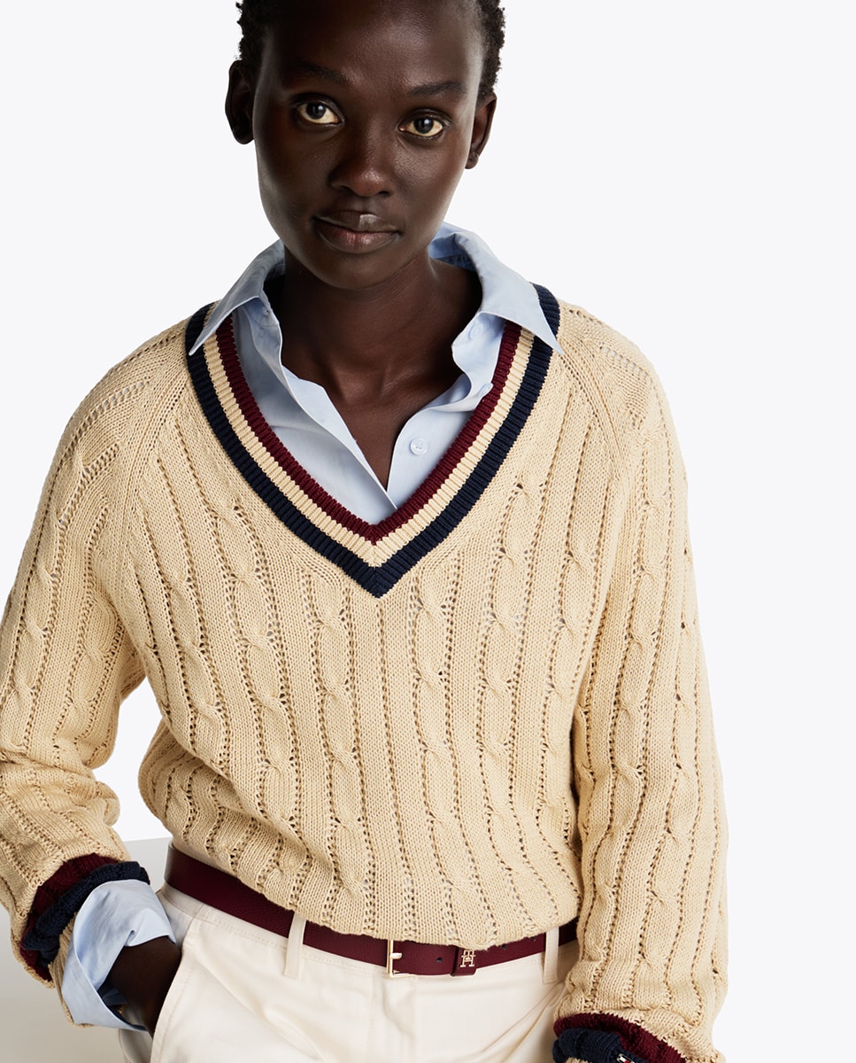 Camisola de Malha do Cabo com Decote em Bico Bege-3