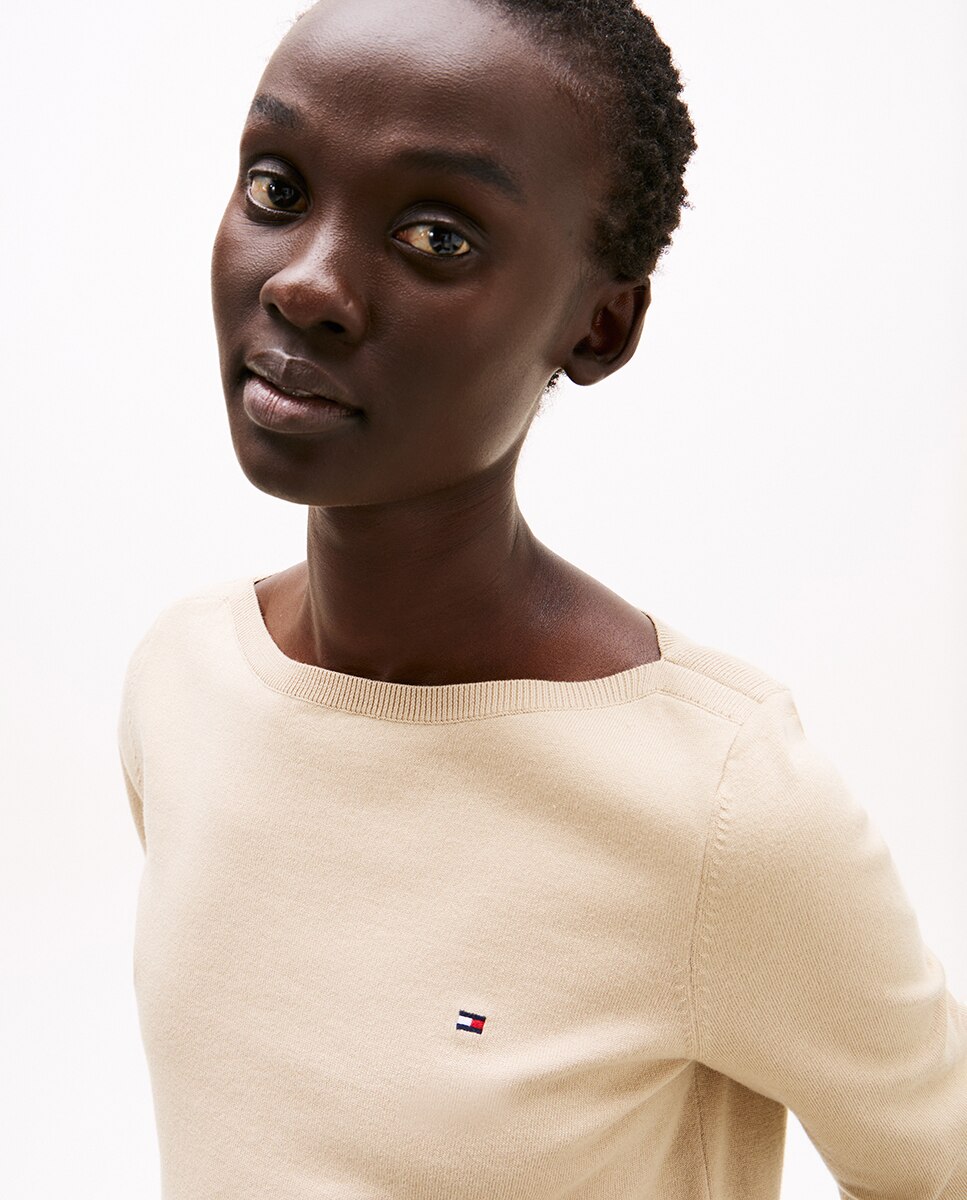 Camisola de malha de mulher com decote à barco e manga comprida Bege-3