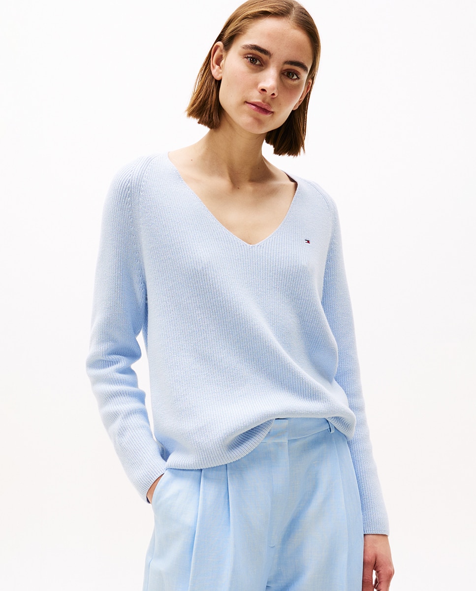 Camisola de Malha com Decote em Bico e Manga Comprida Azul-claro-1