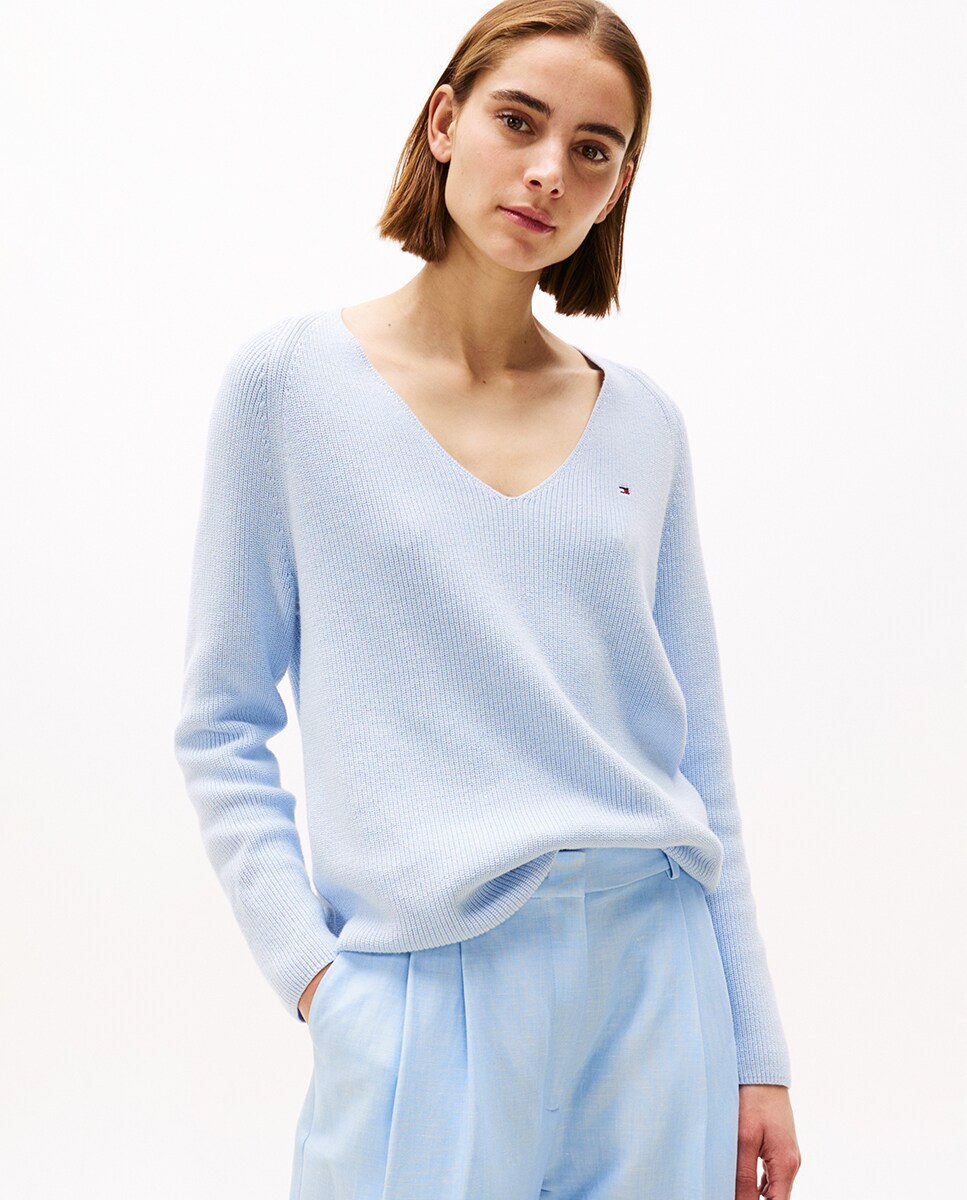 Camisola de Malha com Decote em Bico e Manga Comprida Azul-claro-1