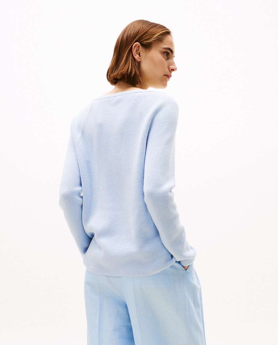Camisola de Malha com Decote em Bico e Manga Comprida Azul-claro-2