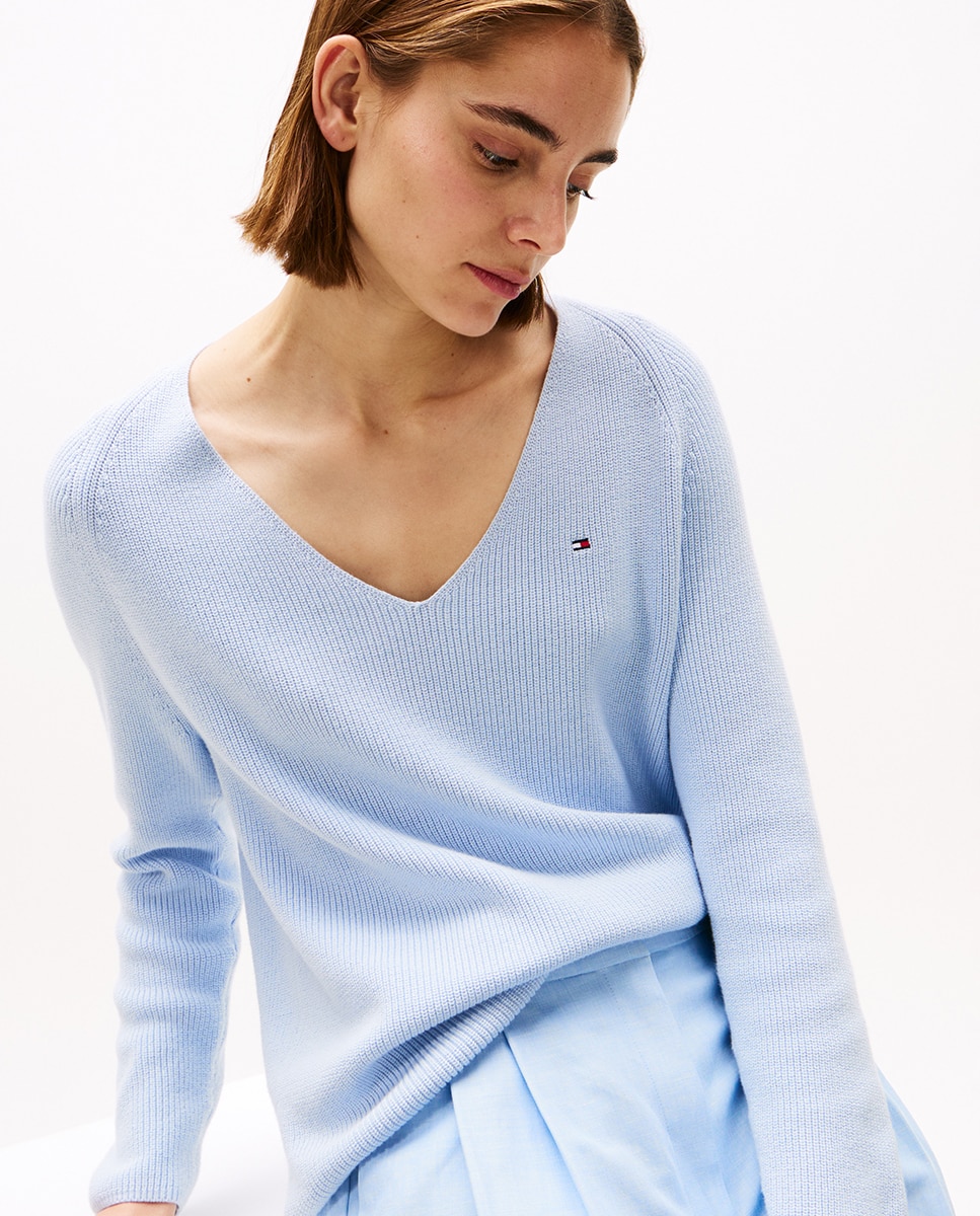 Camisola de Malha com Decote em Bico e Manga Comprida Azul-claro-3