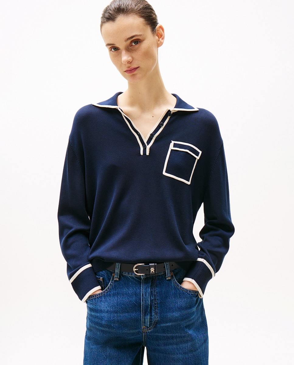 Camisola de Malha Tipo Polo de Manga Comprida Azul-marinho-1