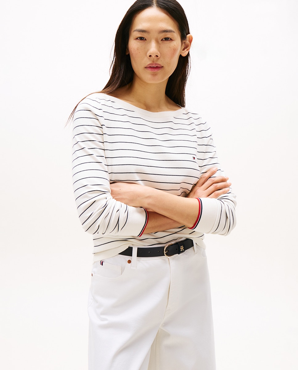 Camisola de malha de mulher com decote à barco e manga comprida Branco-1