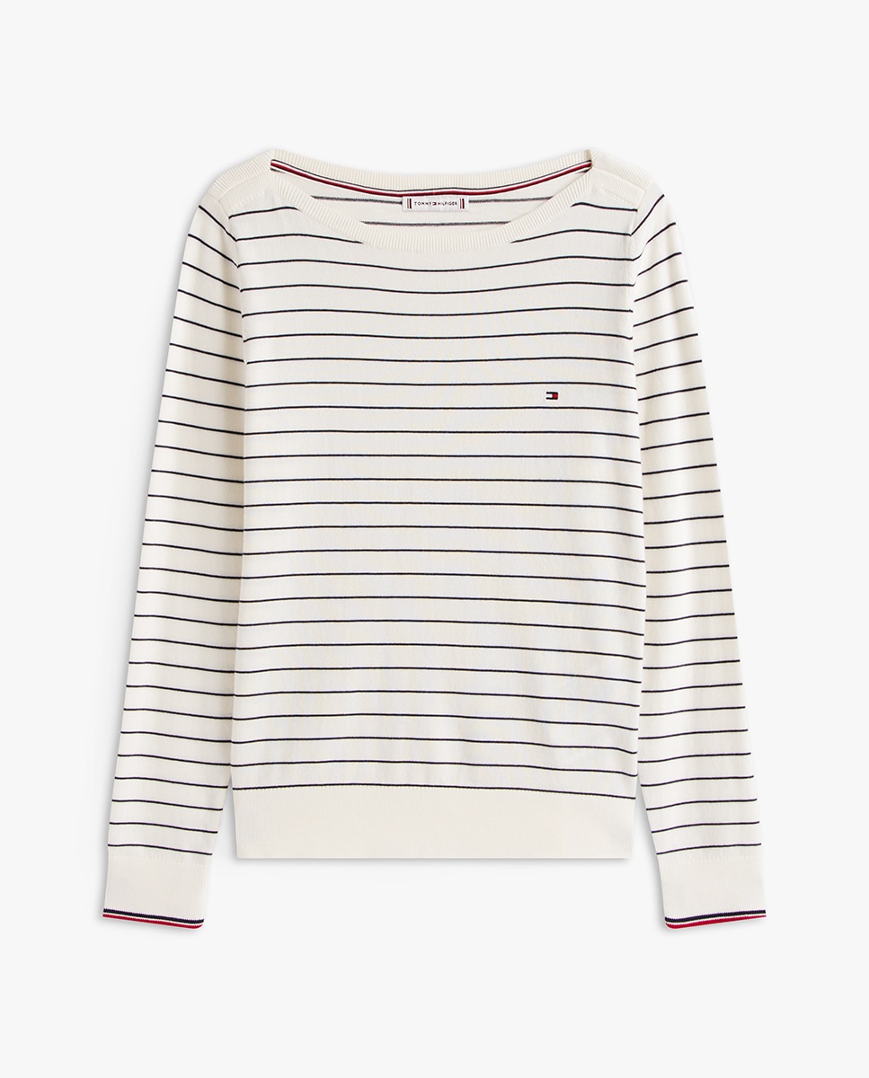 Camisola de malha de mulher com decote à barco e manga comprida Branco-5