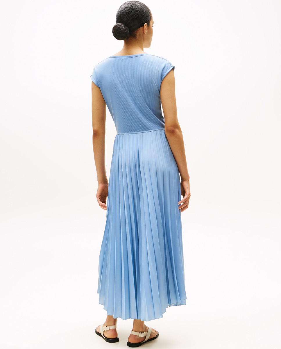 Vestido Midi de Manga Curta e Saia Plissada Azul-4