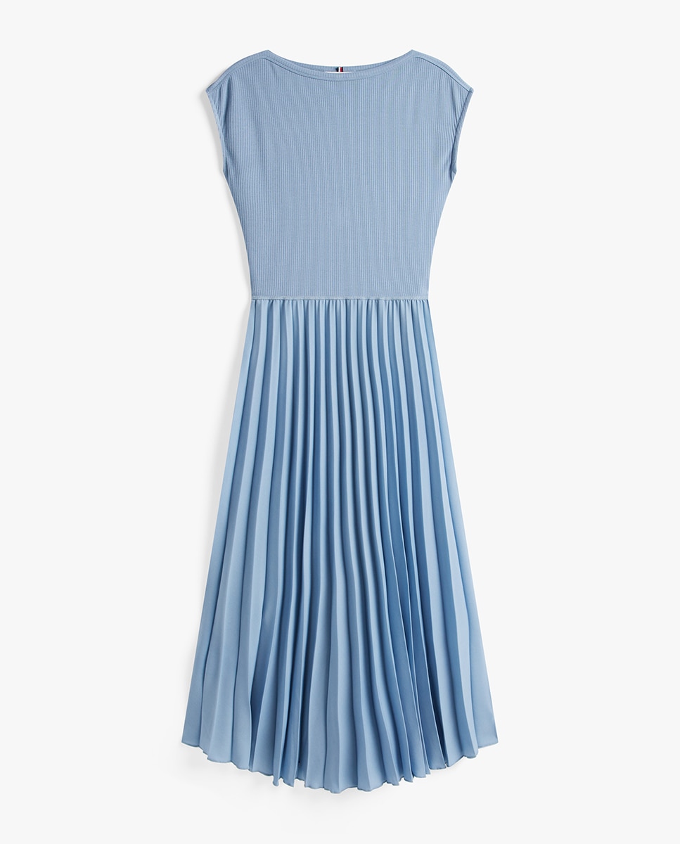 Vestido Midi de Manga Curta e Saia Plissada Azul-5