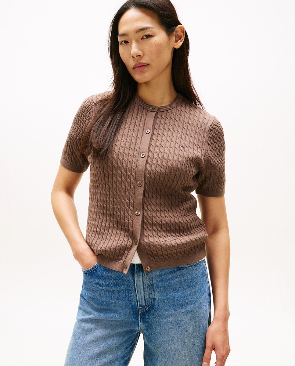 Cardigan de Malha com Manga Curta Castanho-1