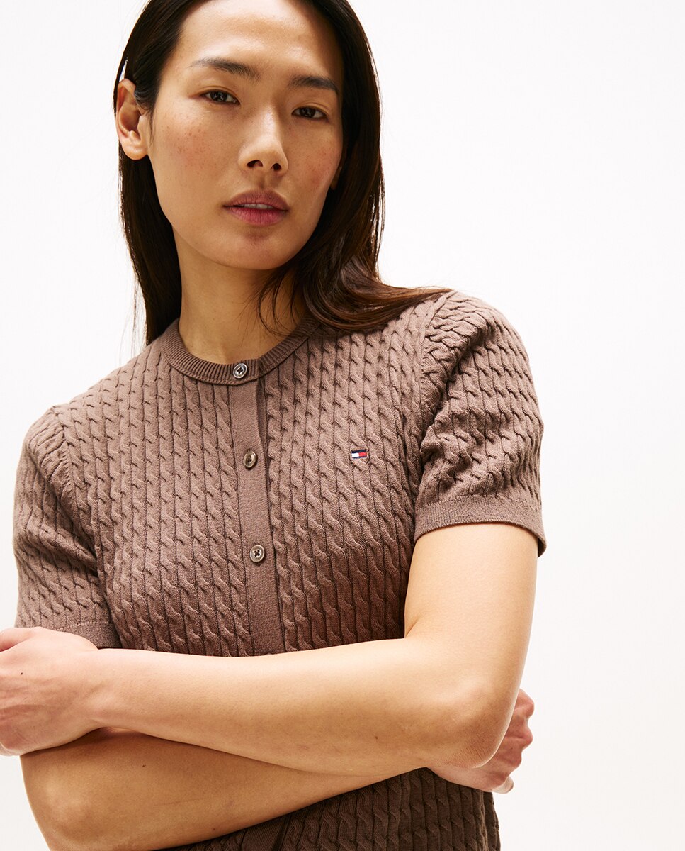 Cardigan de Malha com Manga Curta Castanho-2