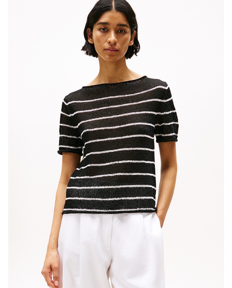 Camisola de Malha Aberta e Manga Curta Preto-1