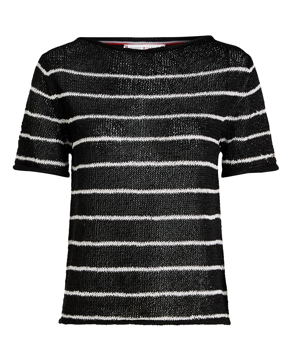 Camisola de Malha Aberta e Manga Curta Preto-6