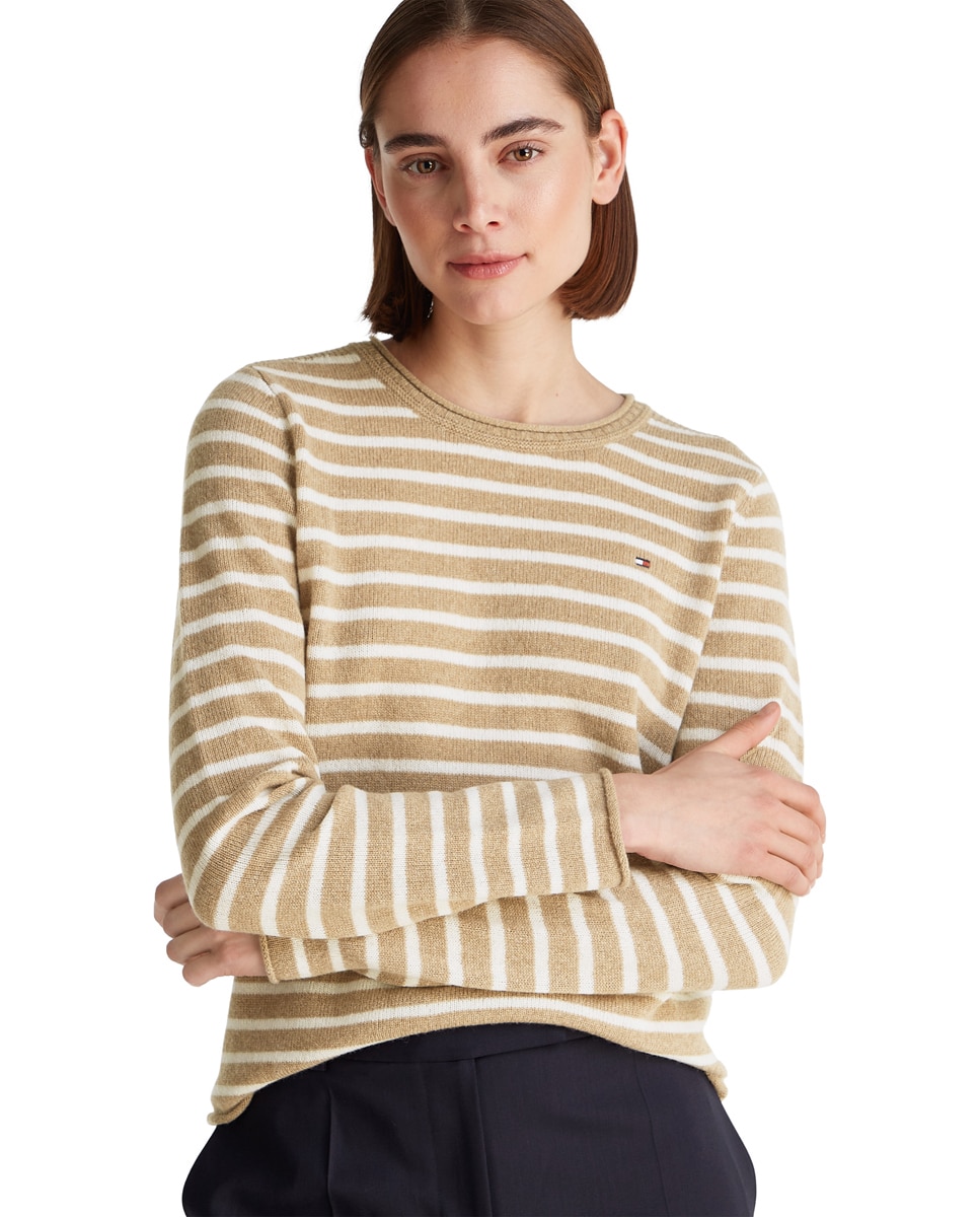 Camisola de Malha de Lã com Decote Redondo Camel-1