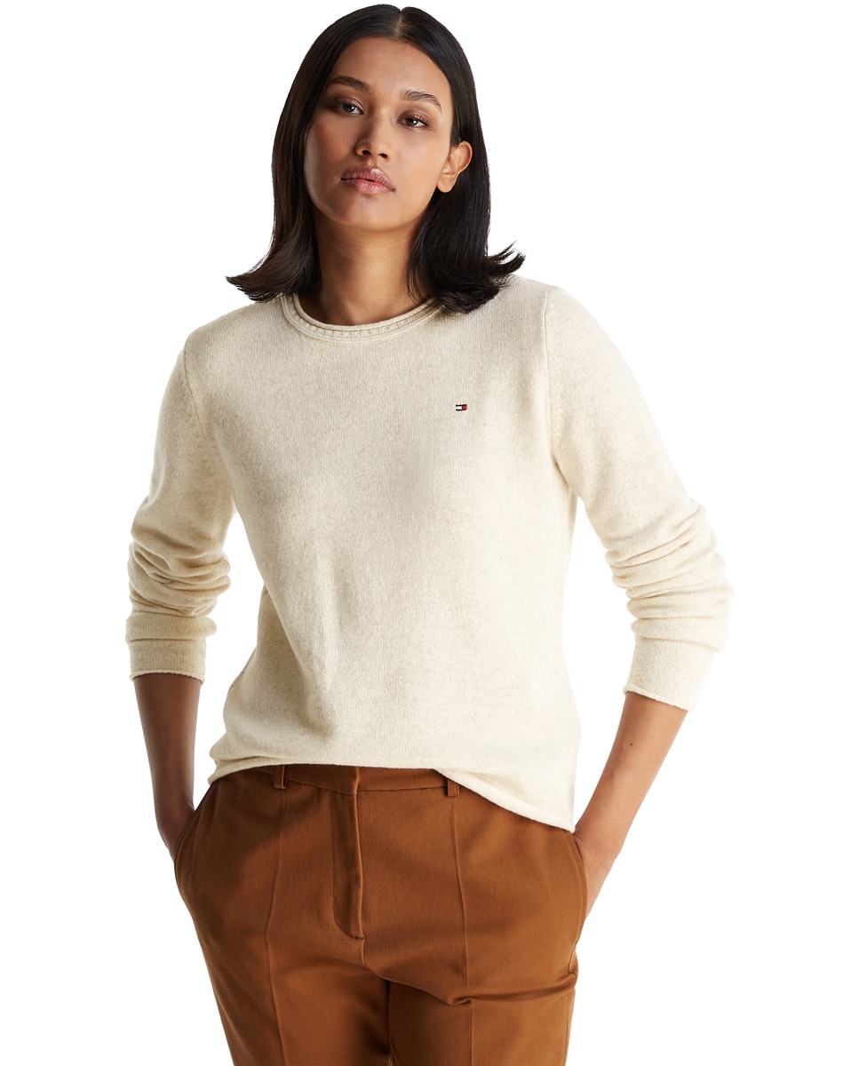 Camisola de Malha de Lã com Decote Redondo Creme-1