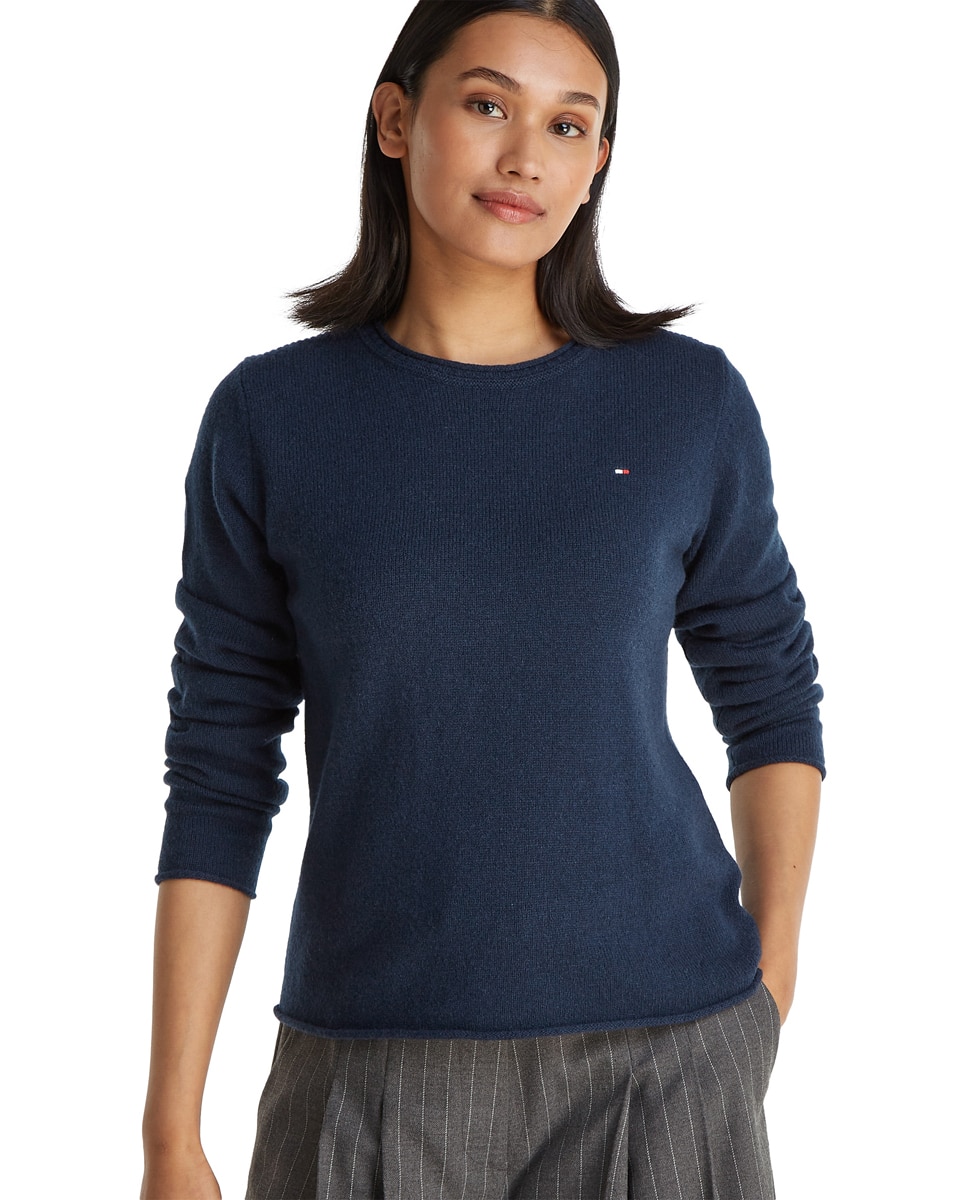 Camisola de Malha de Lã com Decote Redondo Azul-marinho-1