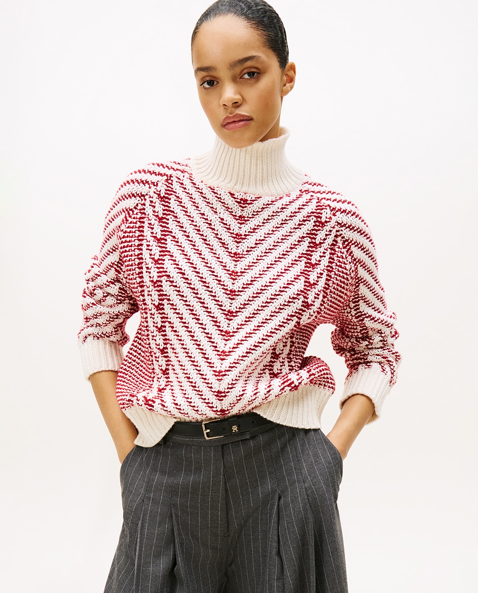 Camisola de Malha de Gola Alta e Padrão Chevron Vermelho-1
