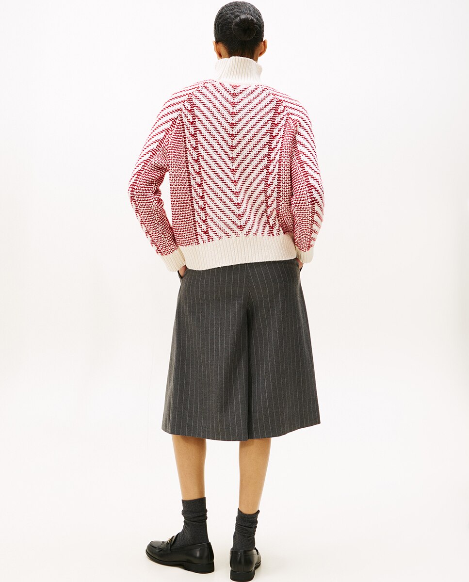 Camisola de Malha de Gola Alta e Padrão Chevron Vermelho-2