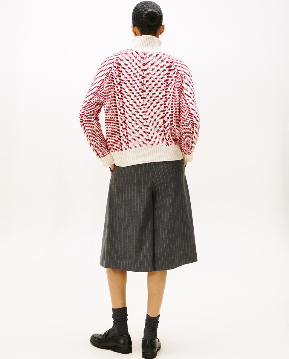 Camisola de Malha de Gola Alta e Padrão Chevron Vermelho-2