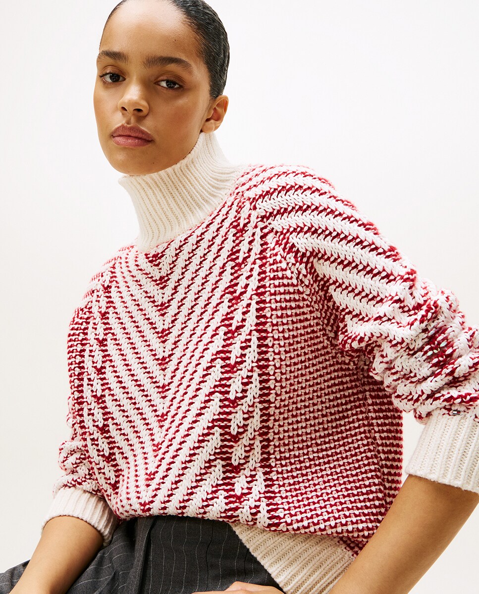 Camisola de Malha de Gola Alta e Padrão Chevron Vermelho-3