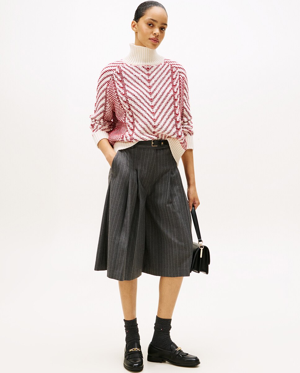 Camisola de Malha de Gola Alta e Padrão Chevron Vermelho-5